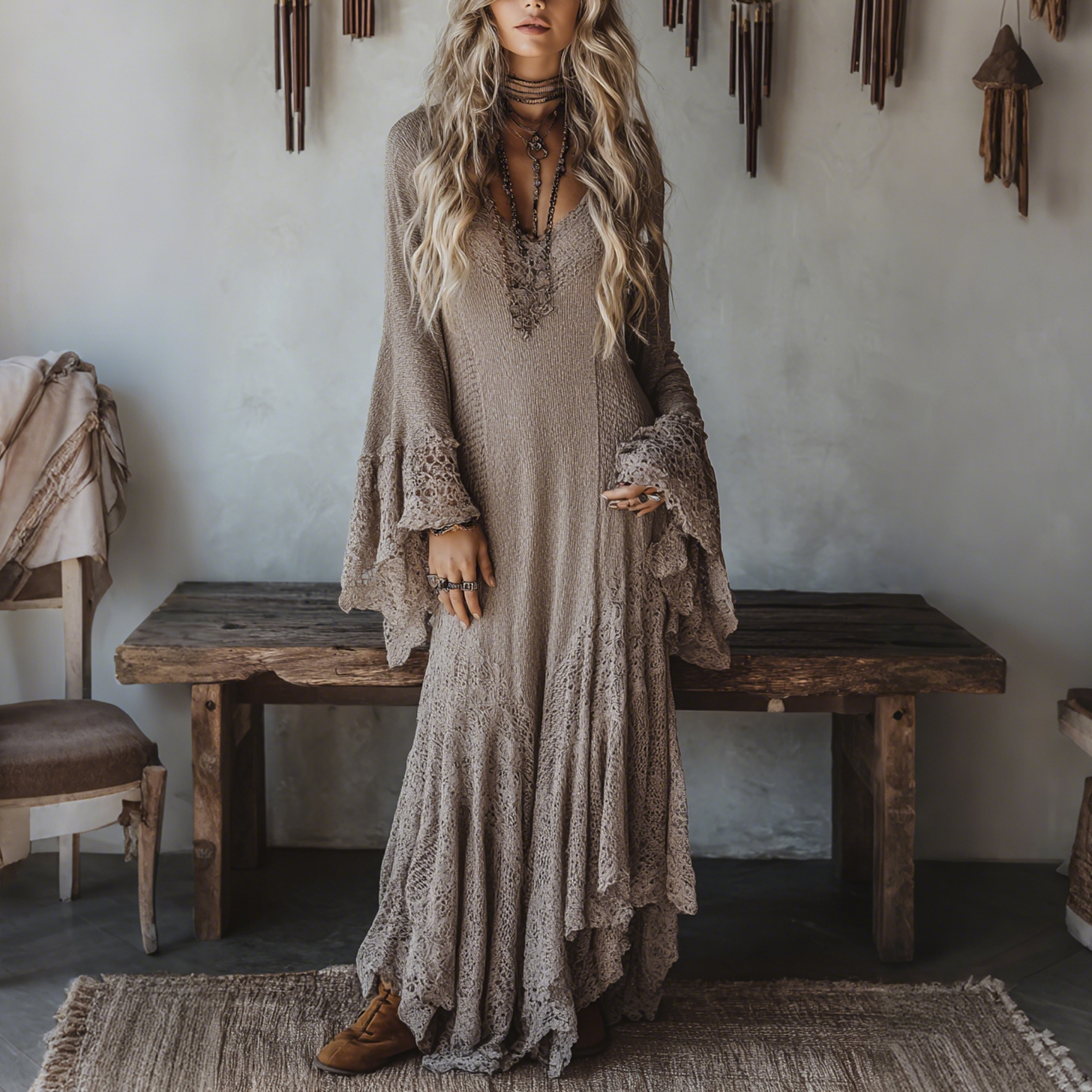 Elegant V-neck Sheer High-waisted Hollowed-out Woven Patchwork Lace Flared Long-sleeved Super Loose Dress