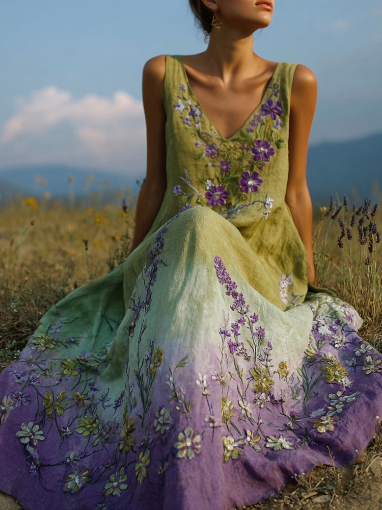 Vintage Purple Flowers Embroidered Gradient Linen Maxi Dress