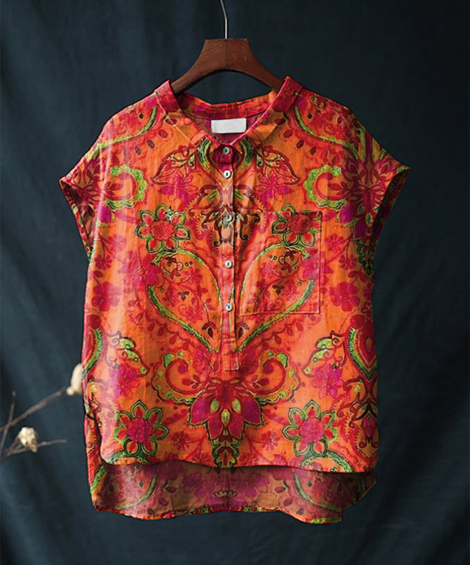 Vintage Paisley Floral Print Short Sleeve Cotton & Linen Shirt