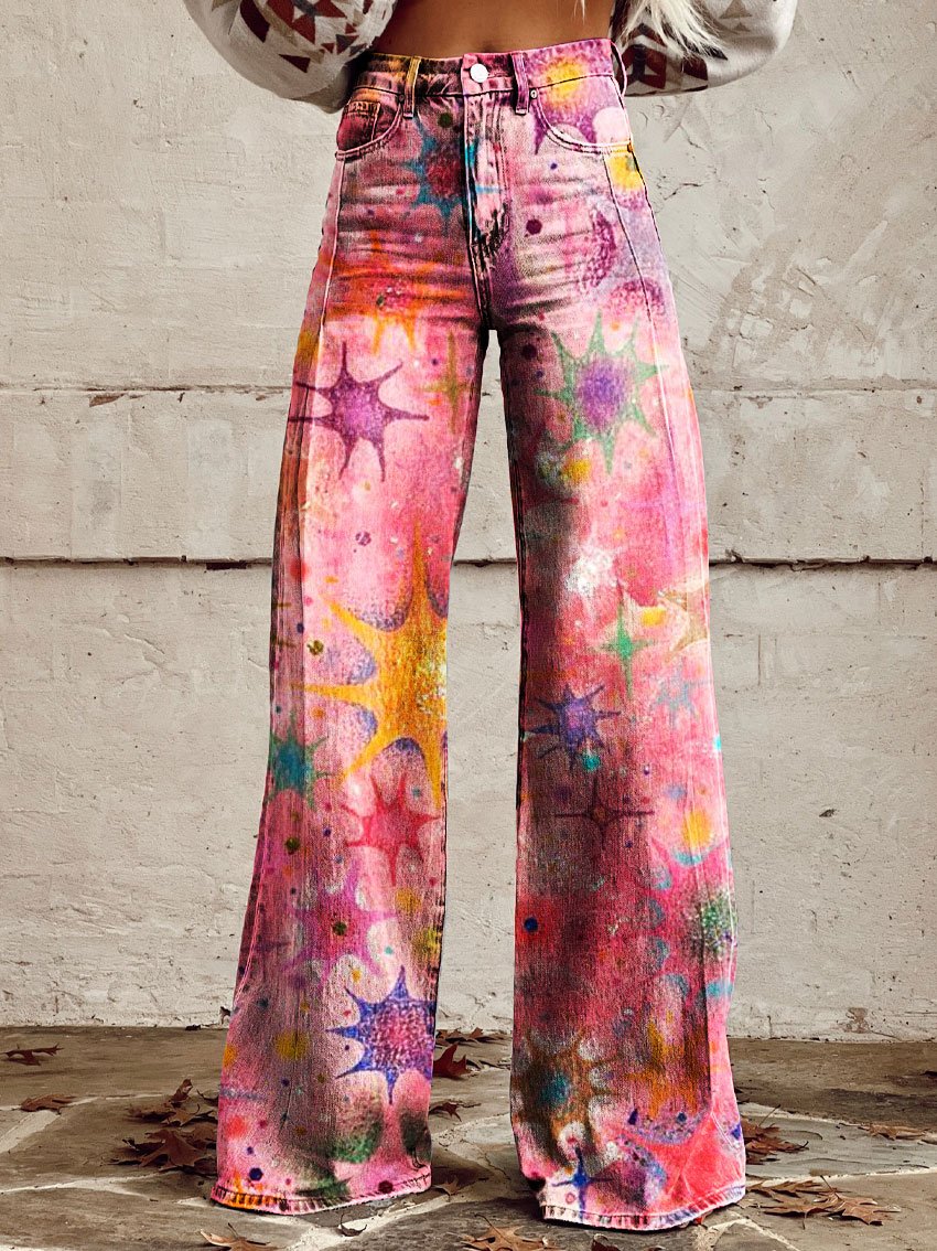 Vintage Pink Stars Print Casual Wide-Leg Pants