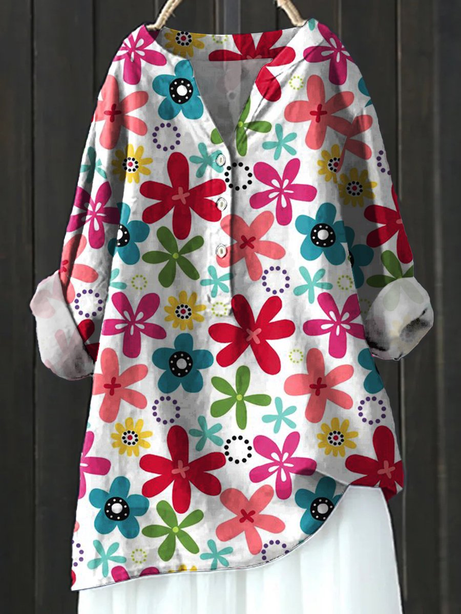 Floral Art Print Casual Cotton & Linen Shirt