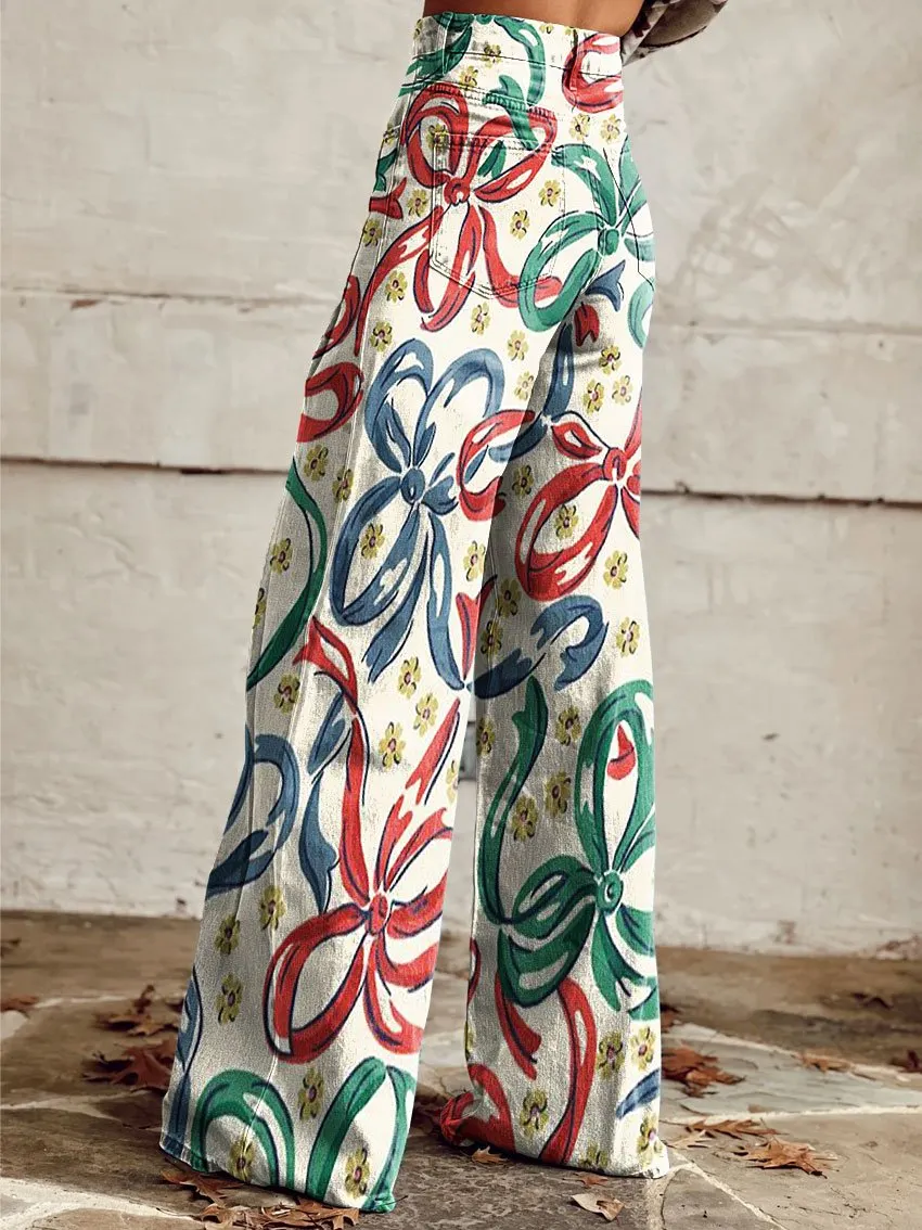 Vintage Stamens Print Casual Wide-Leg Pants