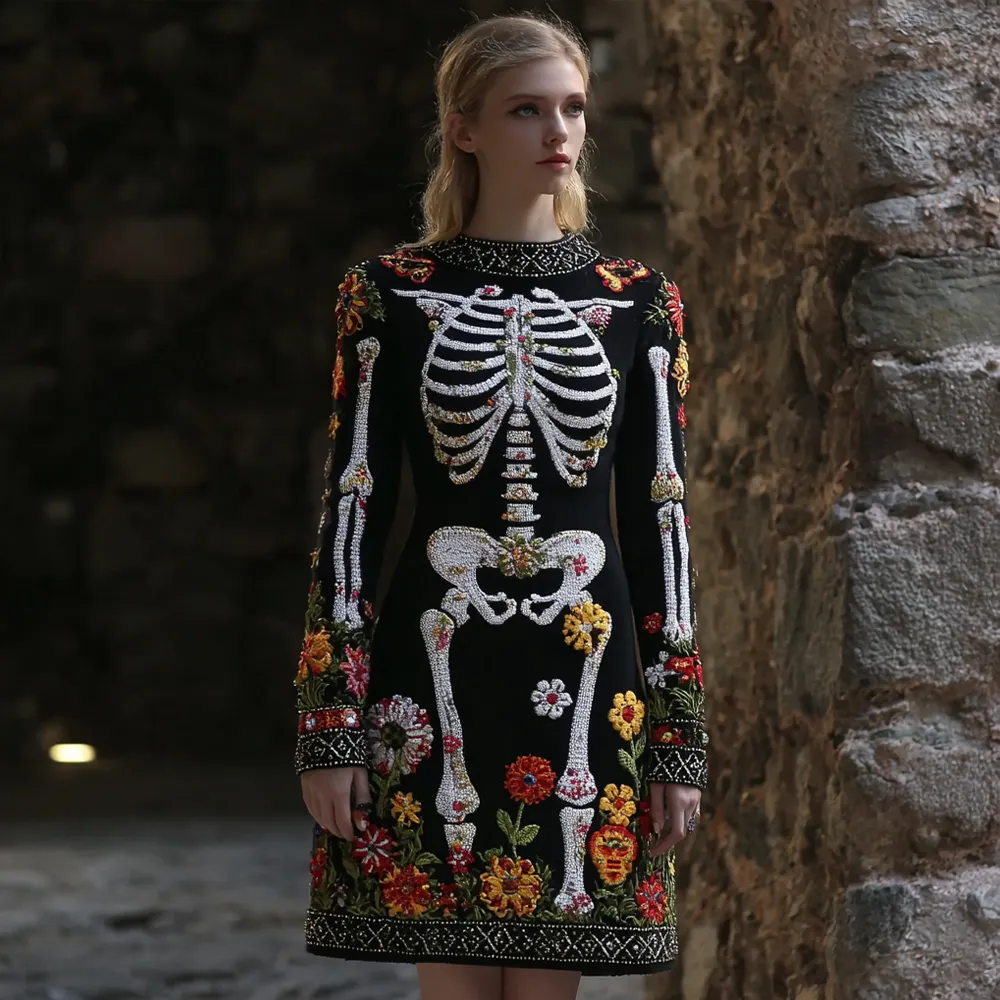 Women's Vintage Halloween Skeleton Bones Flower Comfortable Elegant Sweater Dress