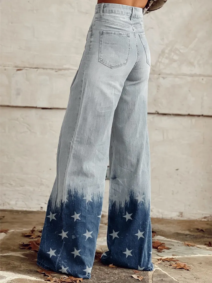 Vintage Stars Print Casual Wide-Leg Pants