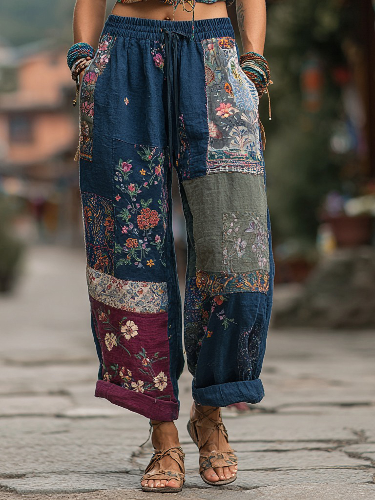 Japanese Sashiko & Floral Pattern Linen Pants