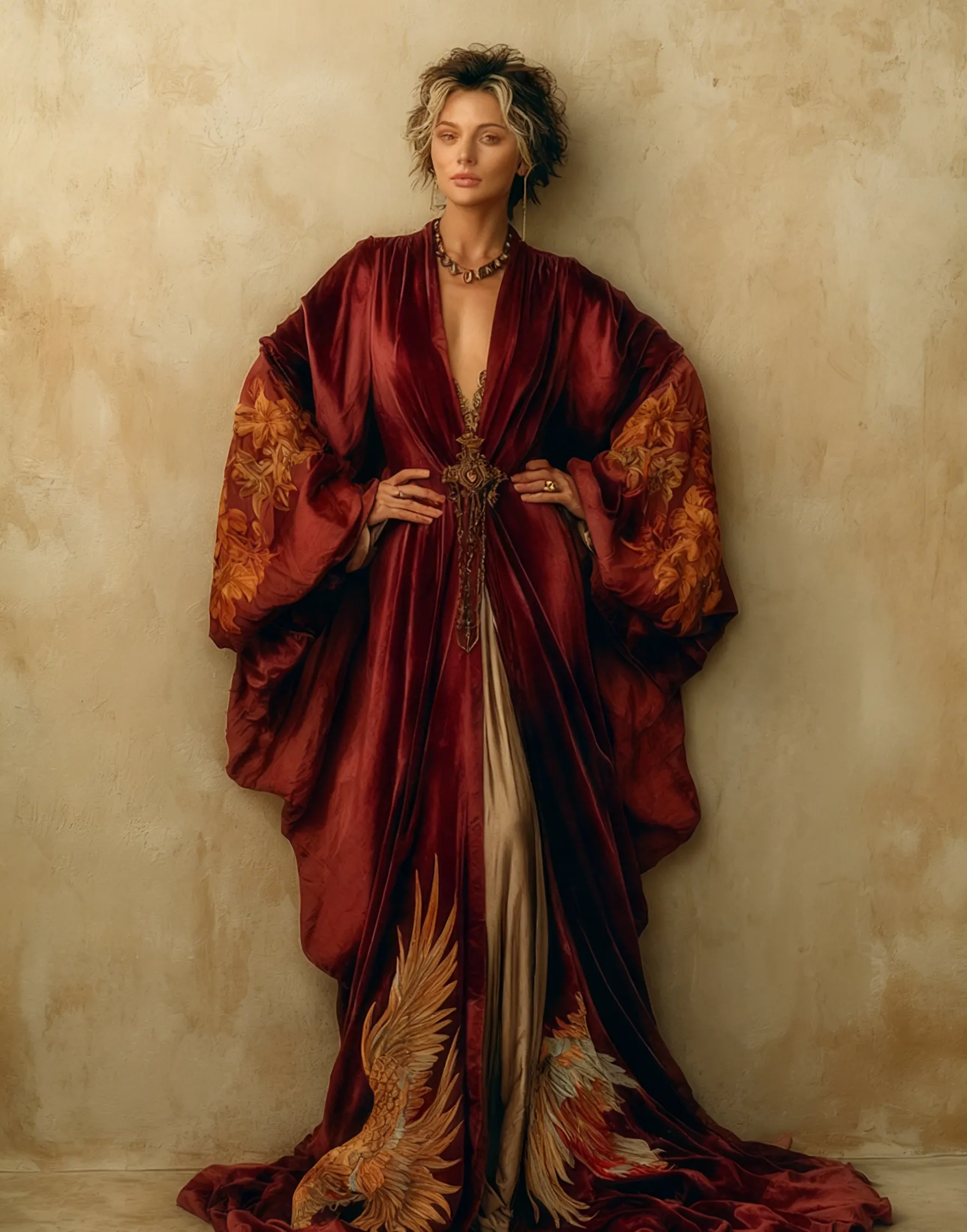 Women's Vintage Printed Court Robe(Including a red belt)