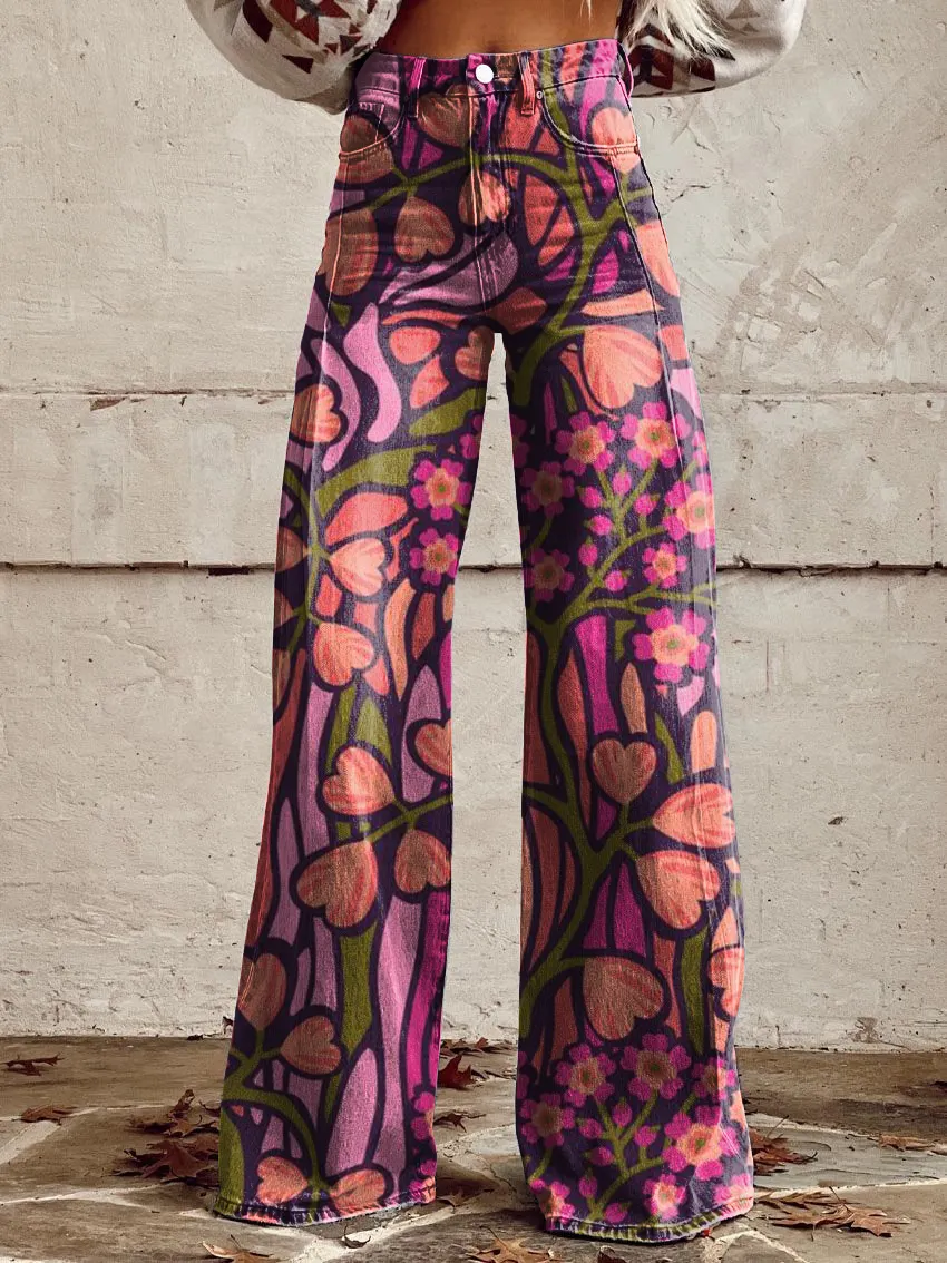 Vintage Floral Print Casual Wide-Leg Pants