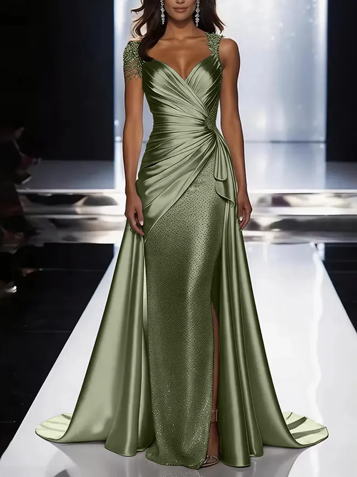 Silver Grey Deep V-Neck Draped Satin Metallic Mermaid Maxi Dress