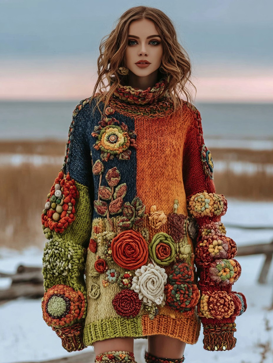 Vintage floral crochet multi-color patchwork comfortable knitted pullover sweater