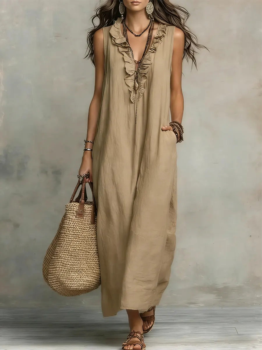 Solid V-Neck Ruffle-Trim Maxi Dress