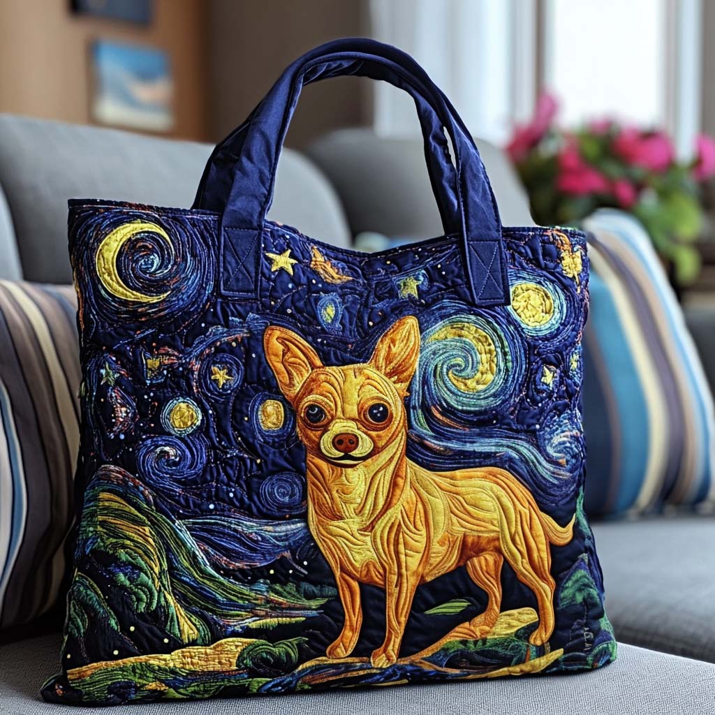 Starry Night Dog Quilted Tote Bag