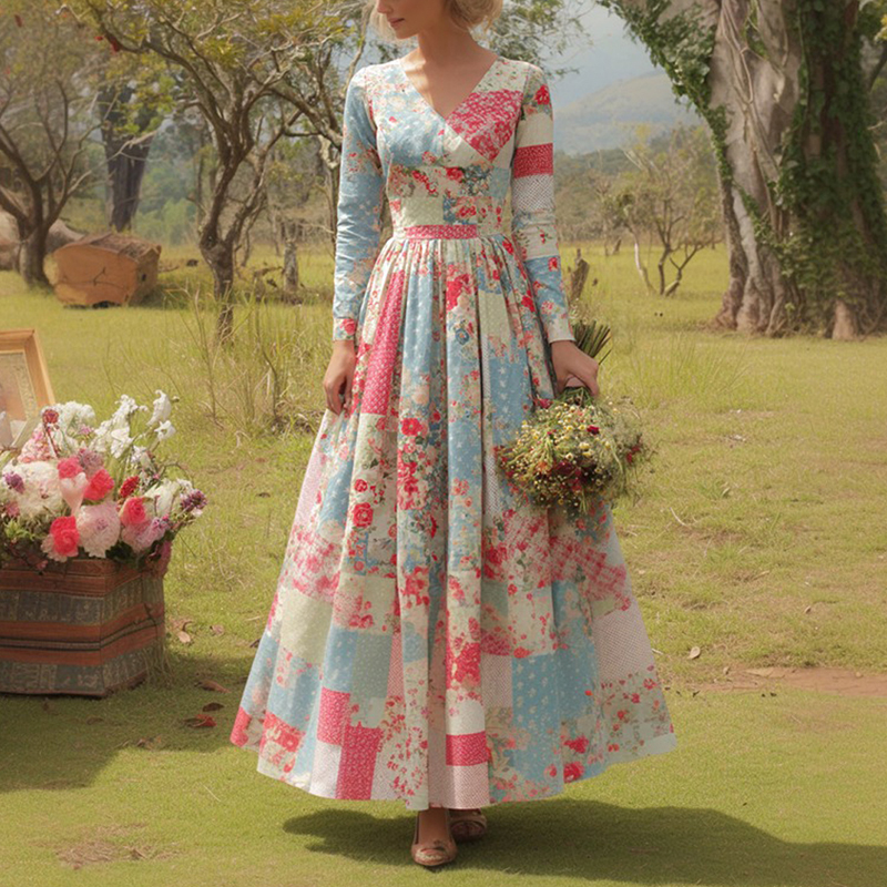 Vintage Floral Art Women's Long Sleeve Maxi V-neck Dress