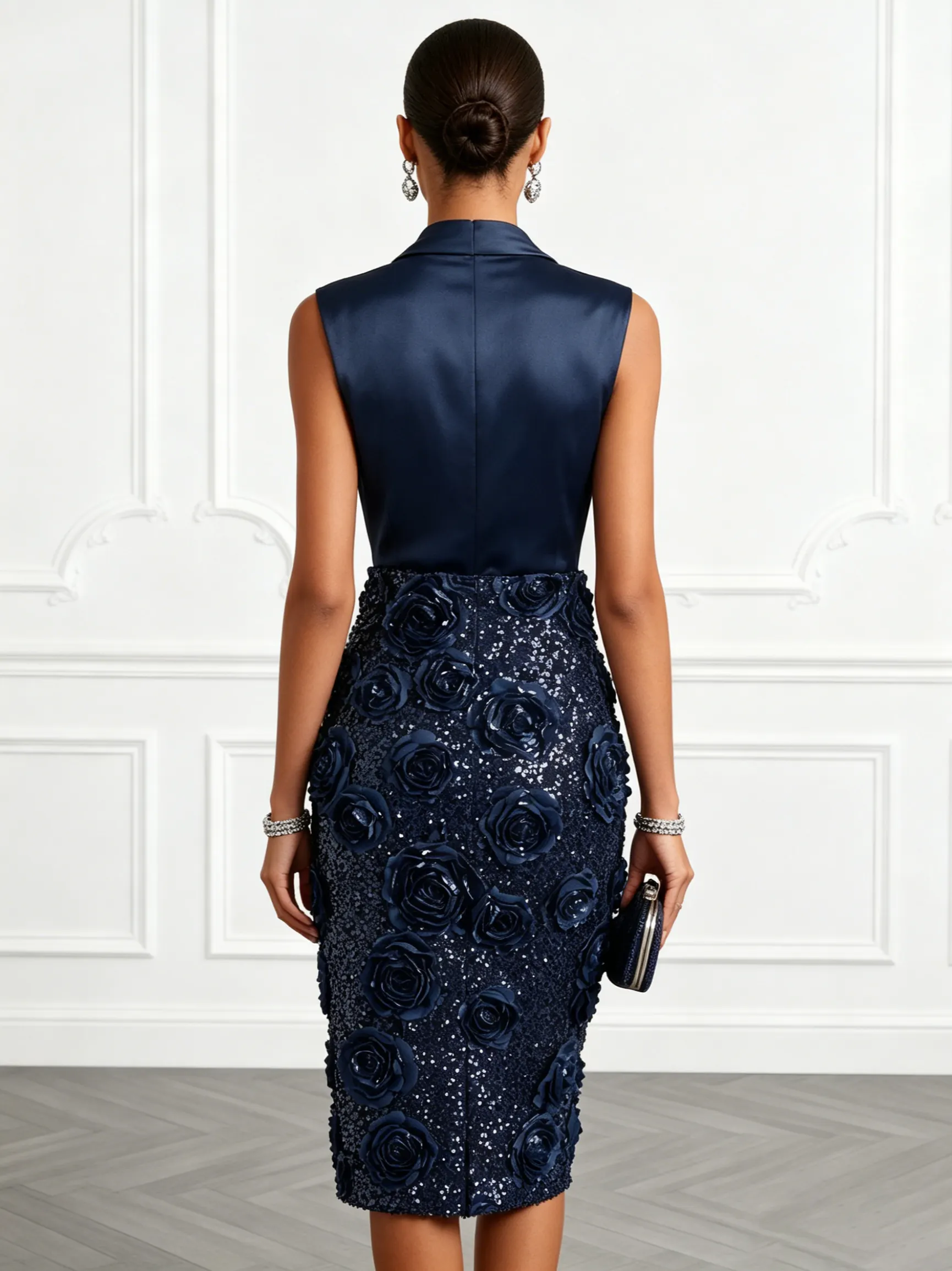 Purplish Blue 3D Floral Glitter Classic V-Neck Sleeveless Sheath Midi Dress