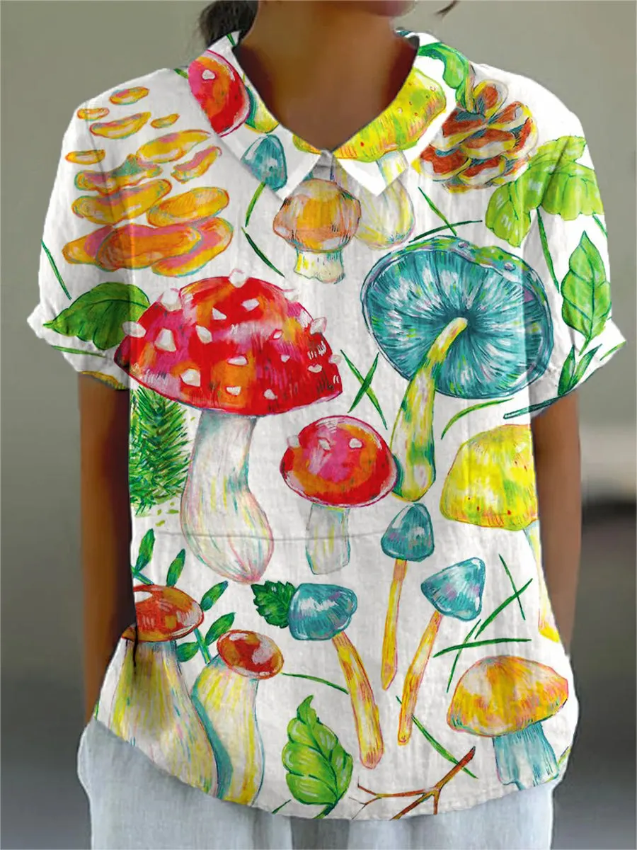 Cute Colorful Mushrooms Drawing Art Print Casual Cotton & Linen Shirt