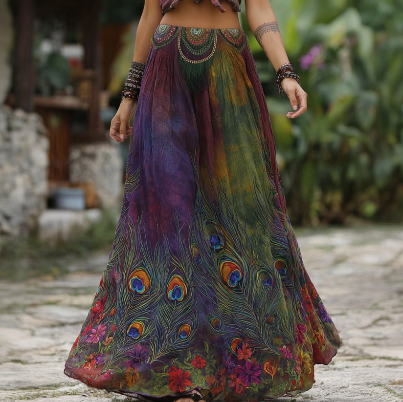Retro Elegant Peacock Feather Floral Embroidery Art Linen Blend Casual Midi Skirt