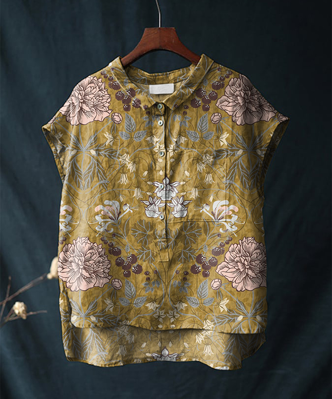 Vintage Floral Print Short-sleeved Cotton & Linen Shirt