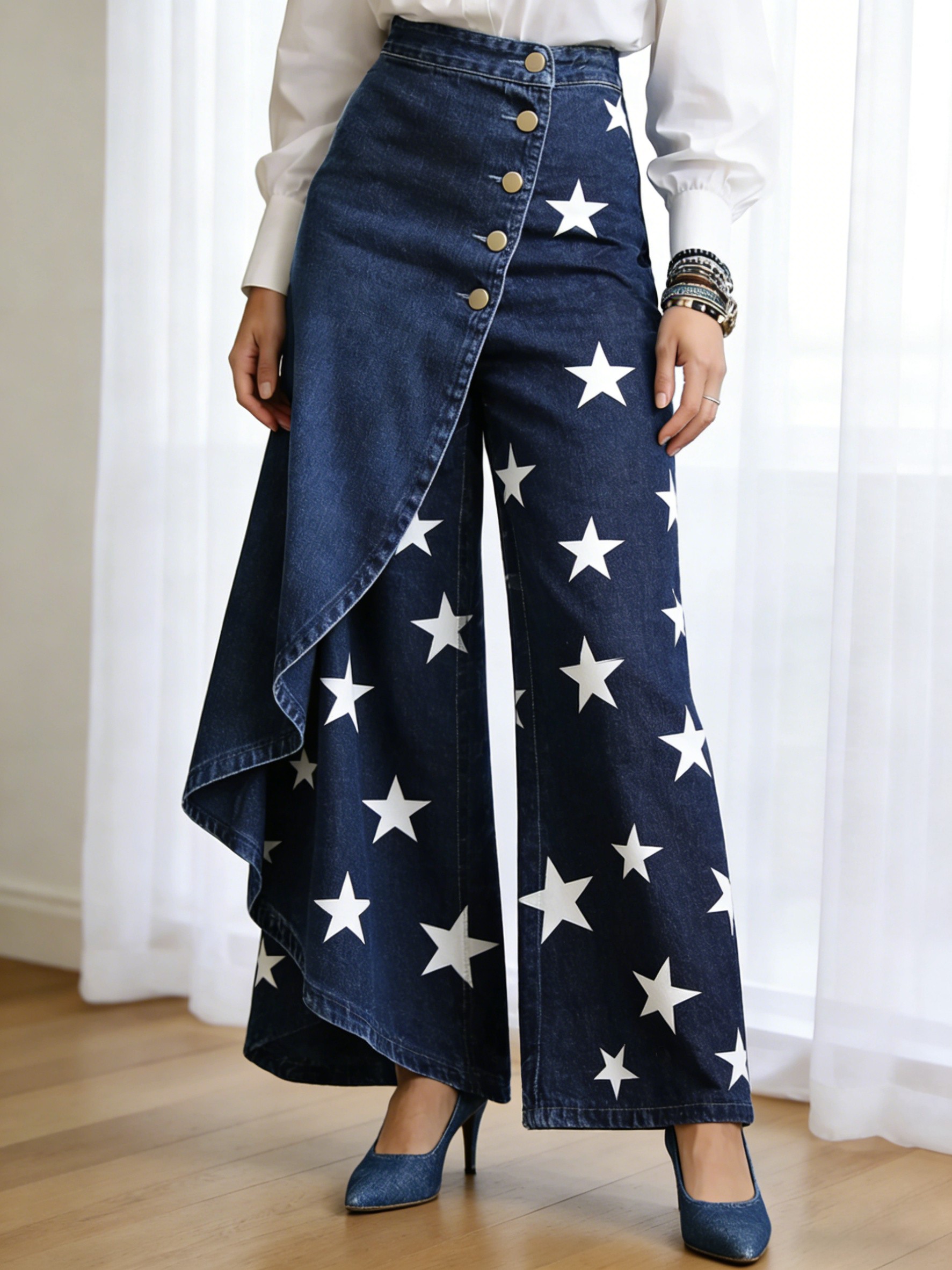 Art Print Casual Washed Denim Cotton Pants