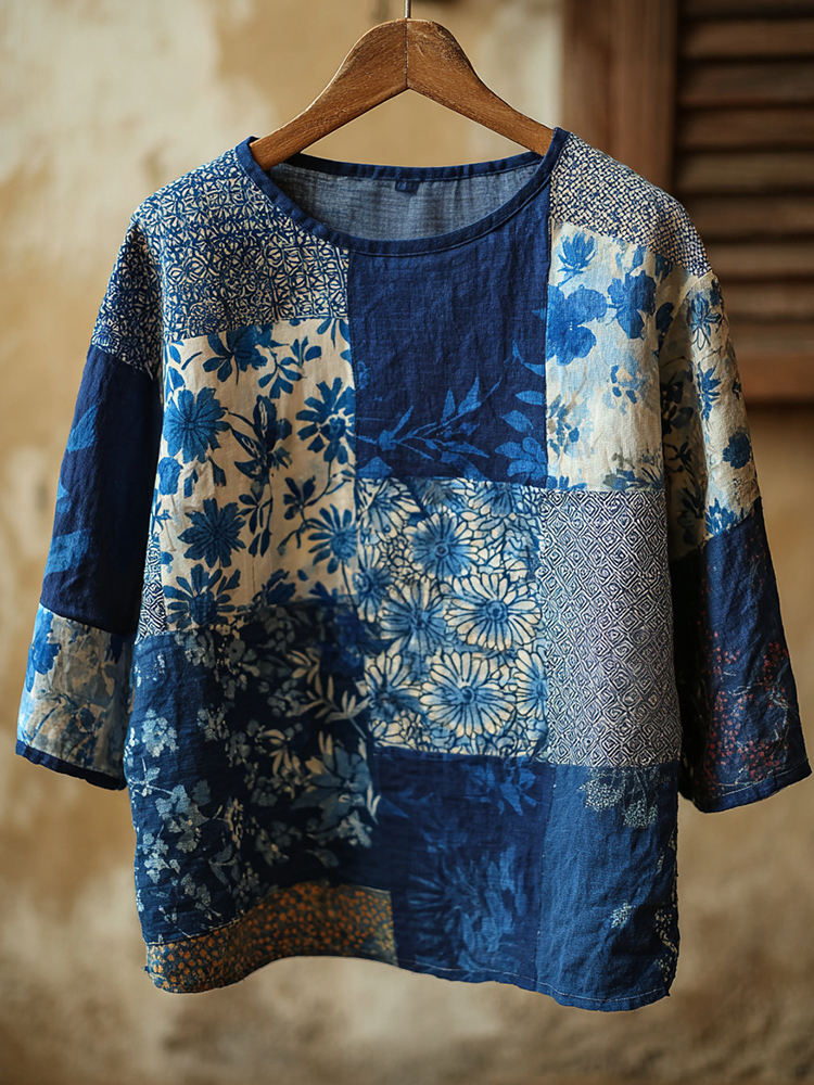 Vintage Japanese Floral Patchwork Art Pattern Linen Blend Casual Tops