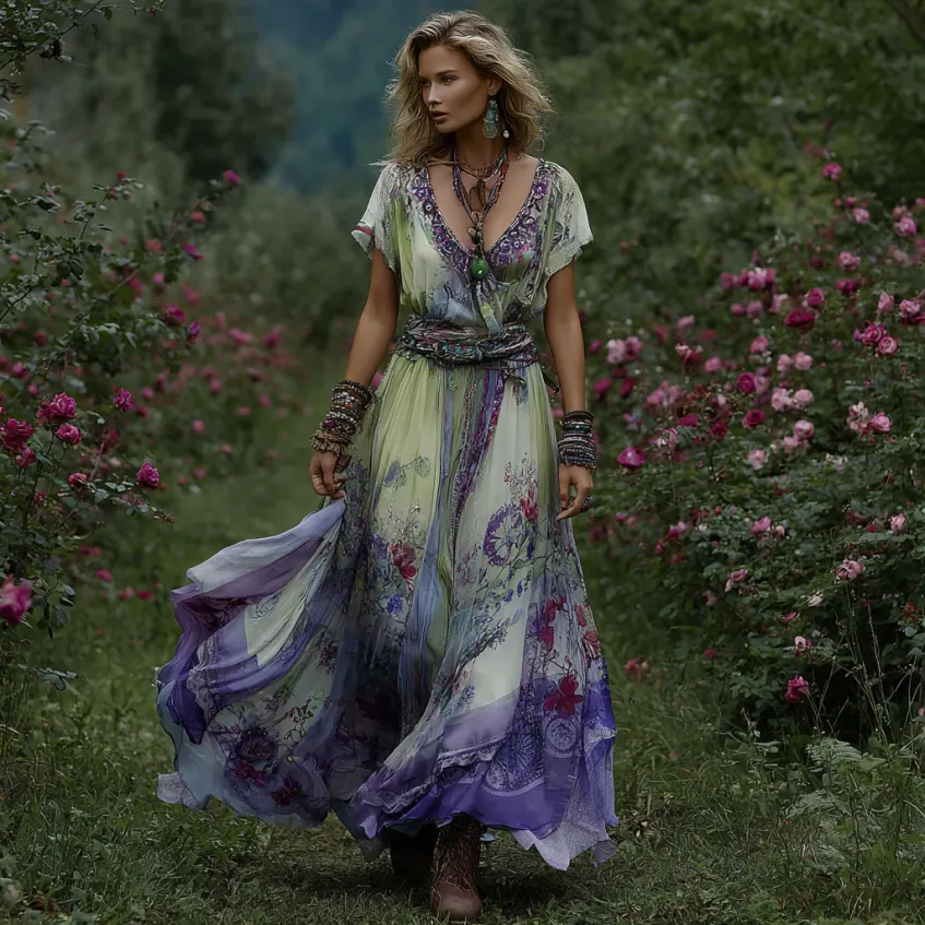 Vintage Gradient Purple Floral Embroidered Short Sleeve Maxi Dress