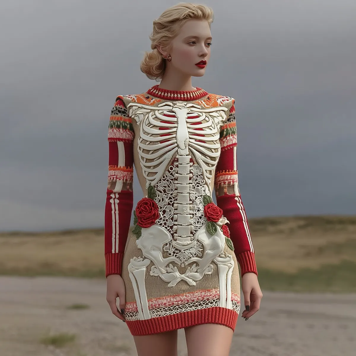 Women's Vintage Halloween Skeleton Bones With Rose Art Cozy Knit Mini Sweater Dress