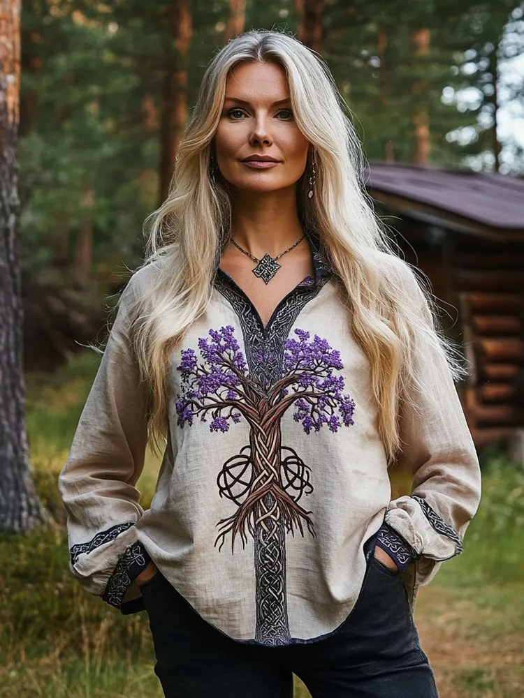 Women's Viking Purple Blossom Tree Of Life Cotton And Long Sleeve Lapel Shirt
