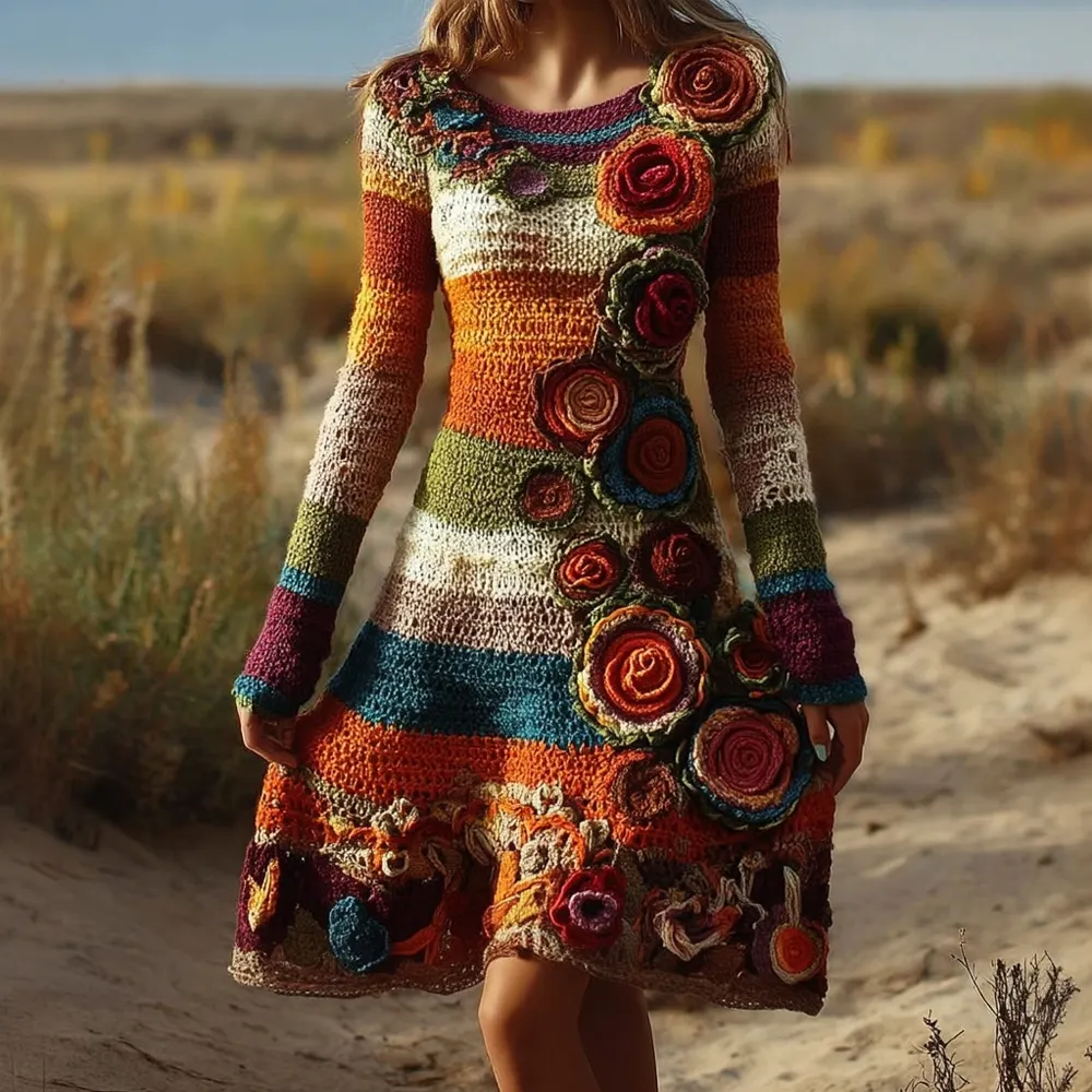 Vintage Bohemia Flower Crochet Striped Midi Sweater Dress