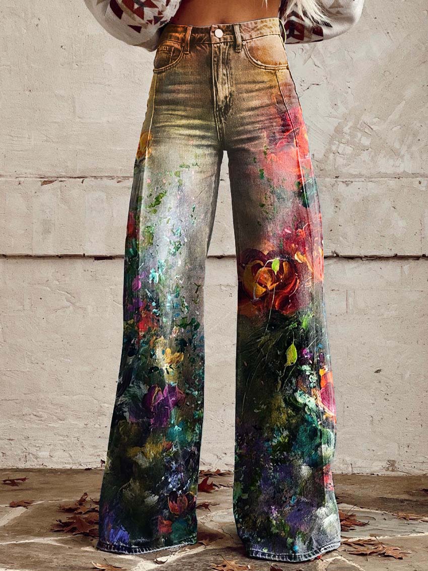 Floral Print Casual Wide-Leg Pants