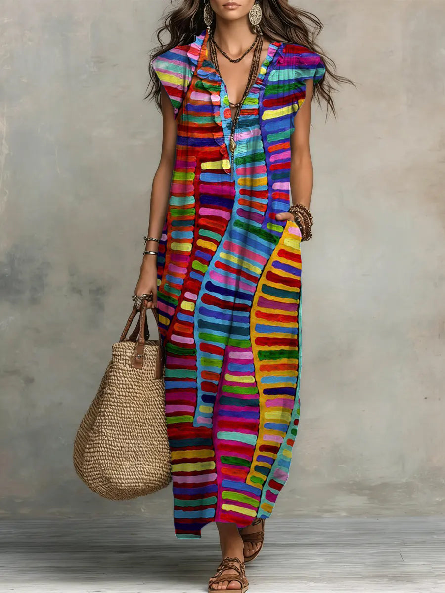 Striped Print V-Neck Ruffle-Trim Maxi Dress