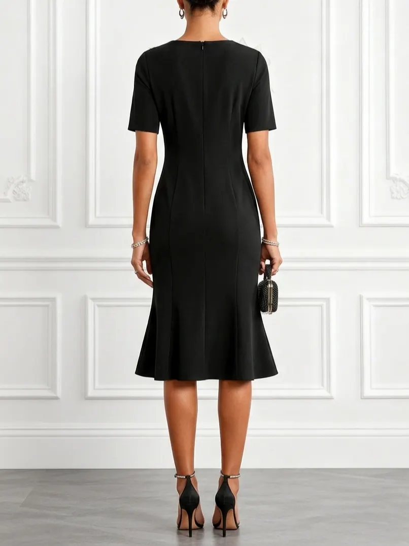 Black 3D Floral Lace Classic Crew Neck Short-Sleeve Mermaid Midi Dress