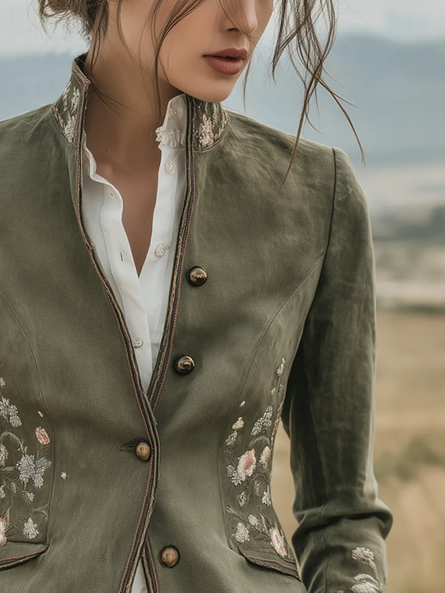 Retro Stand-up Collar Floral Embroidery Contrast Trim Jacket