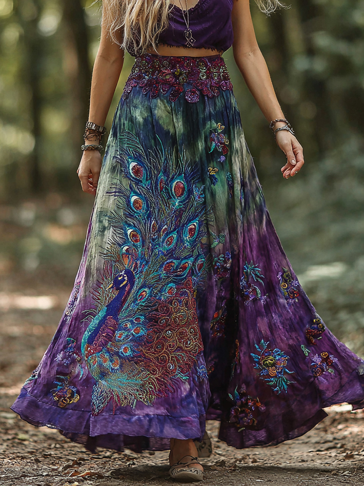 Retro Peacock Floral Gradient Art Linen Blend Midi Skirt