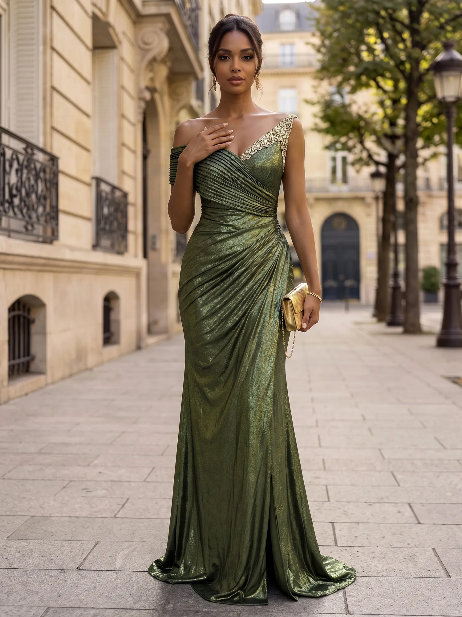 Metallic Olive Green Asymmetrical Neck Ruched Mermaid Gown