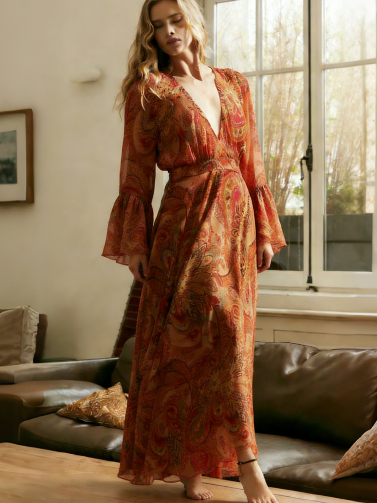 Boho Vintage Ethnic Floral Art Women's V-neck Flowy Maxi Dress