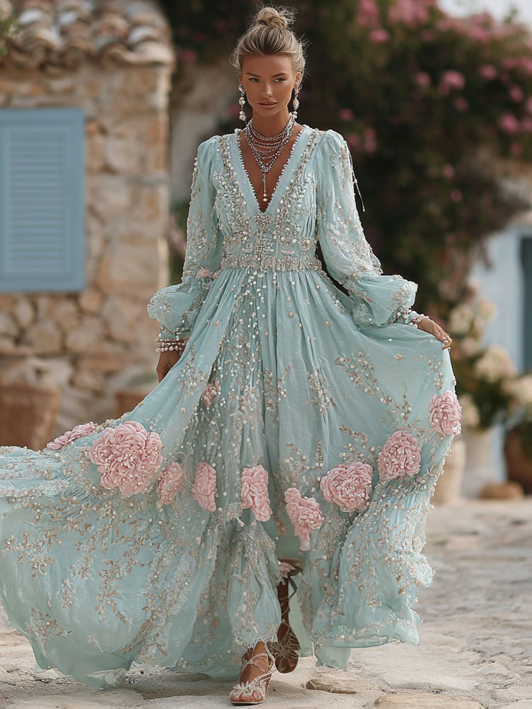 Women's Vintage Bohemian Floral Embroidered Casual Long Sleeve Dress