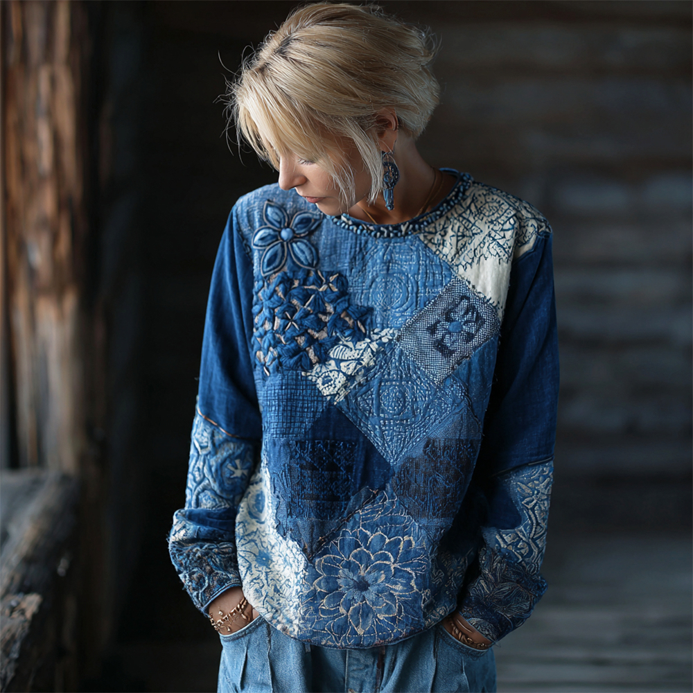 Floral Geometric Thread Embroidery Vintage Women's Linen Long Sleeve Shirt