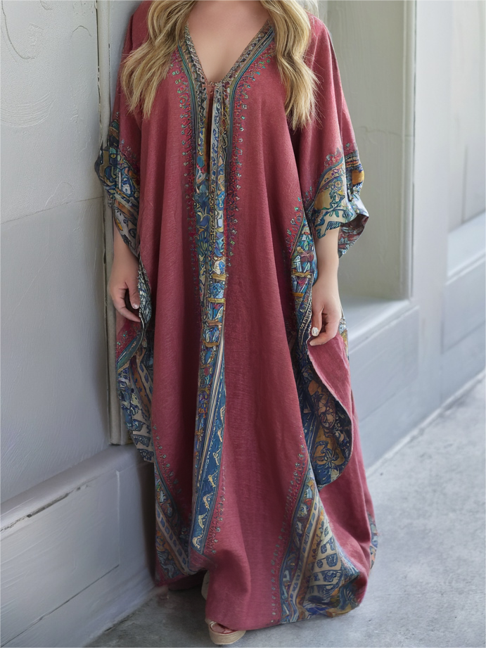 Cotton & Linen Long Sleeve Kaftan Maxi Dress