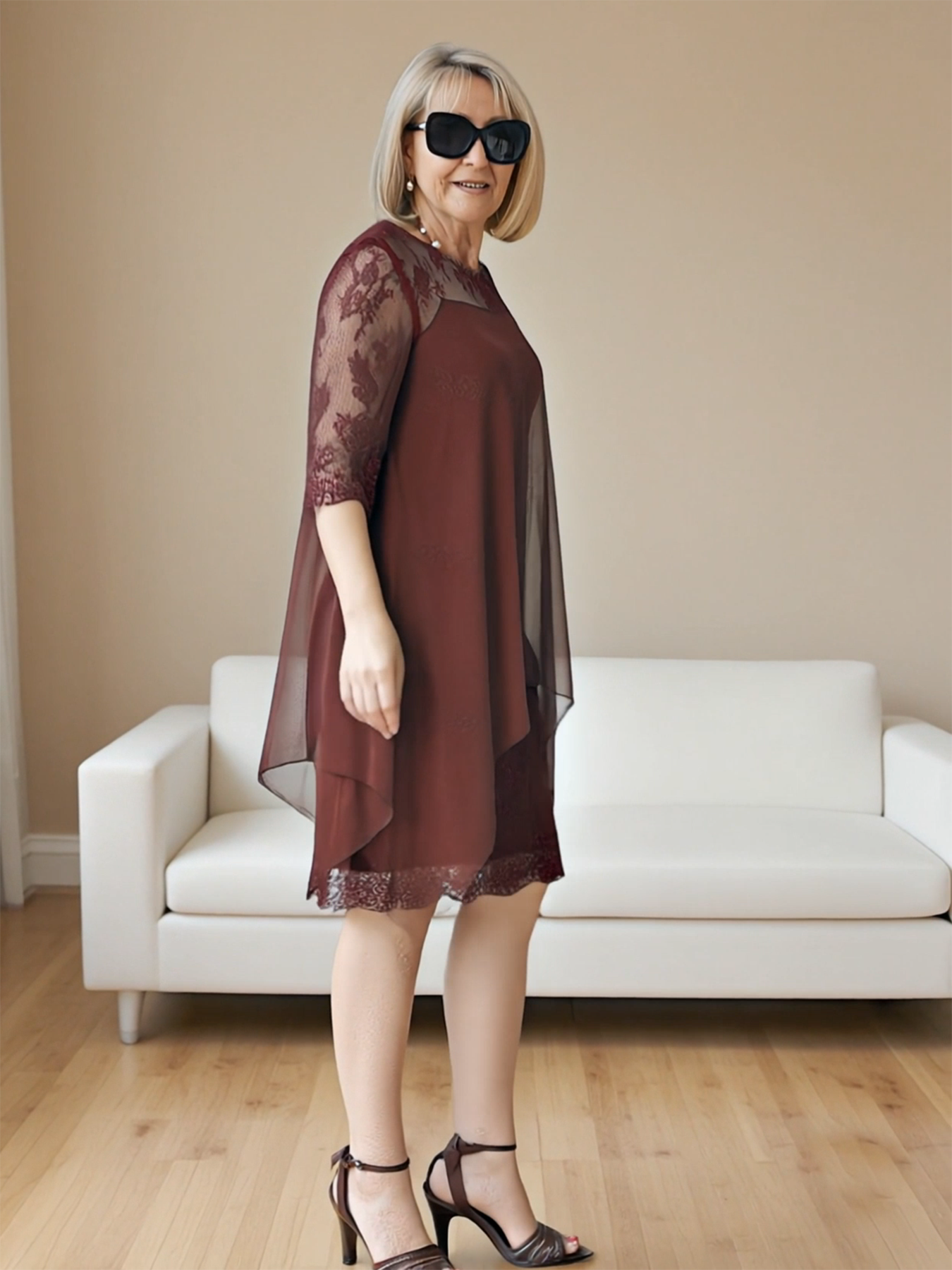 Brown Lace-Trim Layered Midi Dress