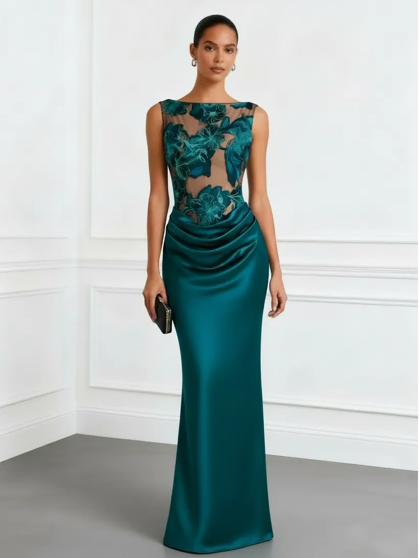 Cyan Jacquard Ruched Satin Boat Neck Sleeveless Sheath Floor-length Gown