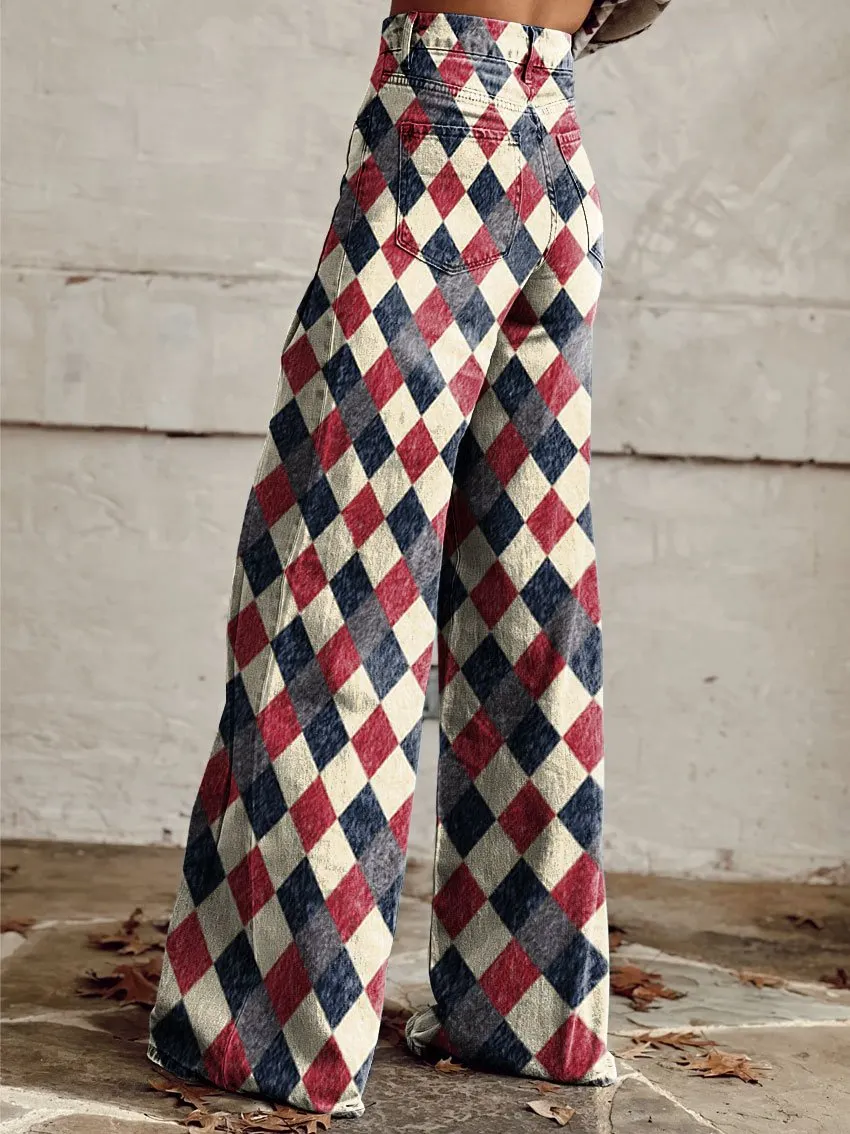 Vintage Geometric Pattern Print Casual Wide-Leg Pants