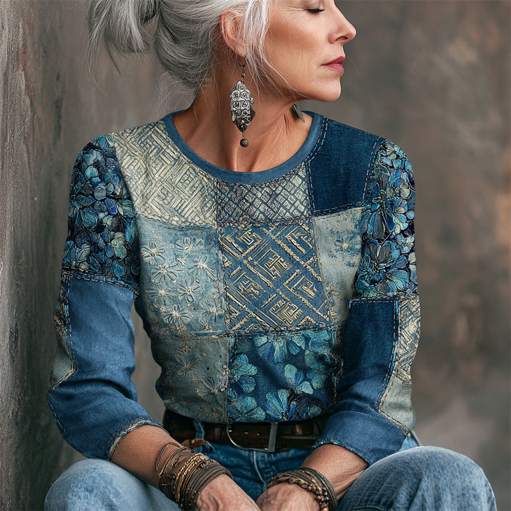 Hydrangea Geometric Vintage Women's Linen Long Sleeve Shirt