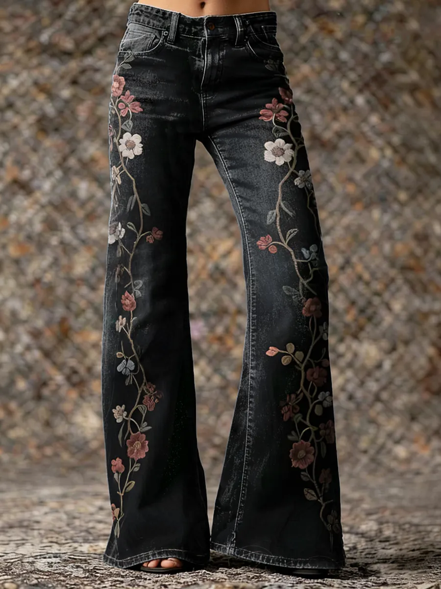 Retro Floral Art Print Casual Washed Cotton Pants