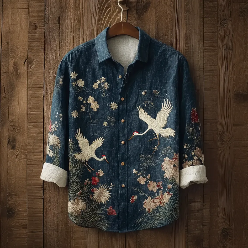 Japanese Art Retro Style Plant Flower & Crane Pattern Men's Cotton & Linen Shirt