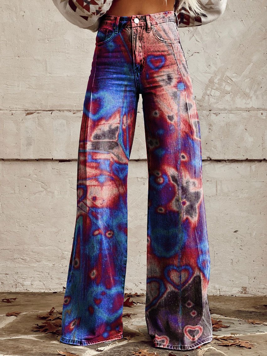 Vintage Print Casual Wide-Leg Pants