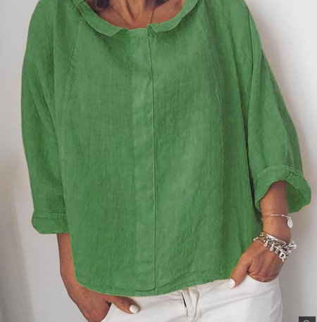 Solid Color Small Lapel Pullover Cotton Linen Shirt