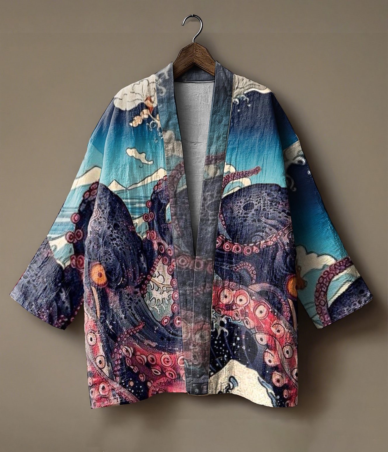 Japanese art-printed linen andou (open-front) kimono