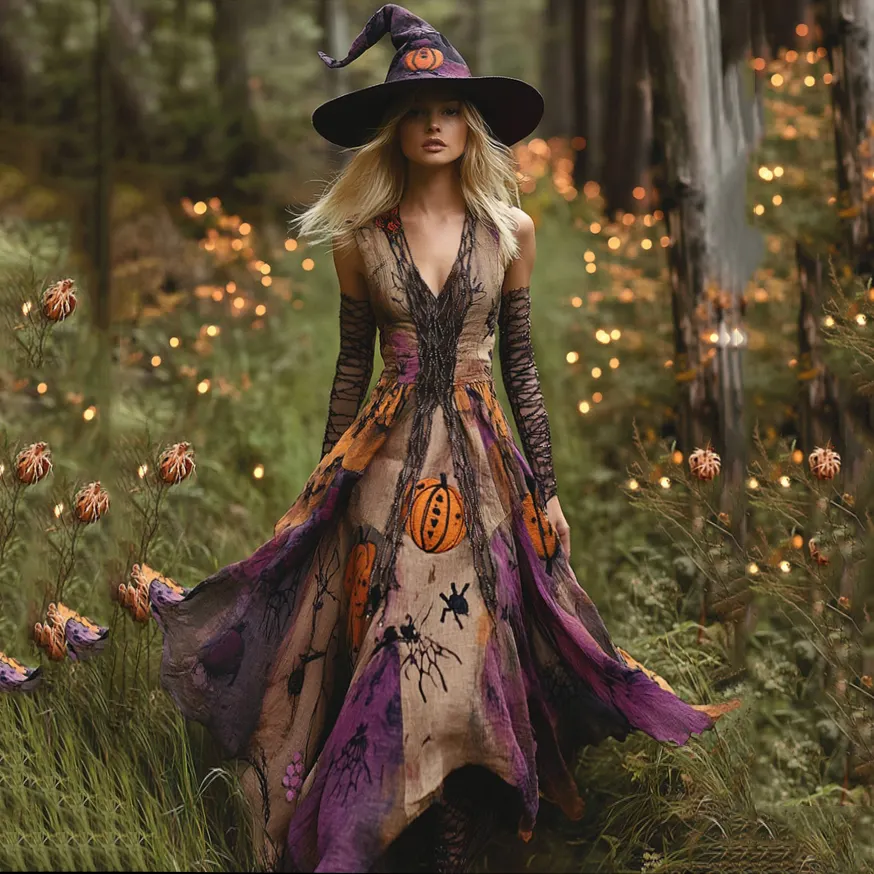 Bohemian style Tie-dye Ombre Pumpkin Spider Embroidered Beaded Witch Maxi Evening Dress