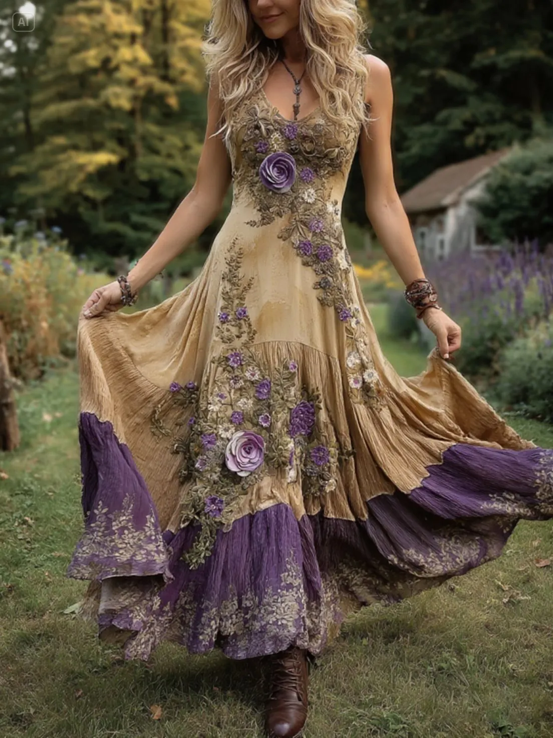 Classy Gradient Purple Lavender And Floral Embroidered Maxi Dress
