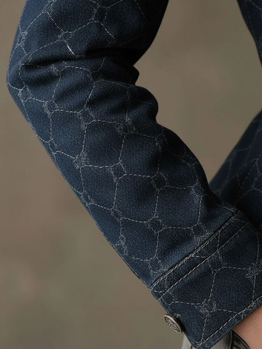 Fashionable Retro Geometric Print Navy Denim Jacket