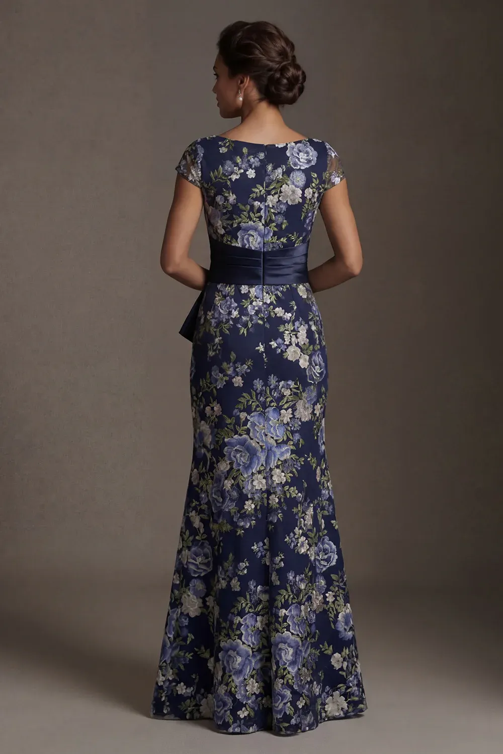 Navy Bateau Neck Cap Sleeve Floral Mermaid Maxi Dress
