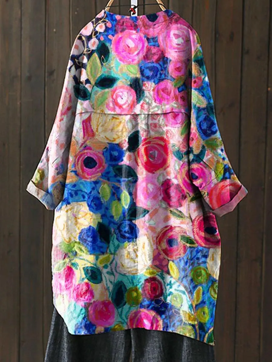 Vintage Lovely Floral Art Print Loose Casual Top Jacket